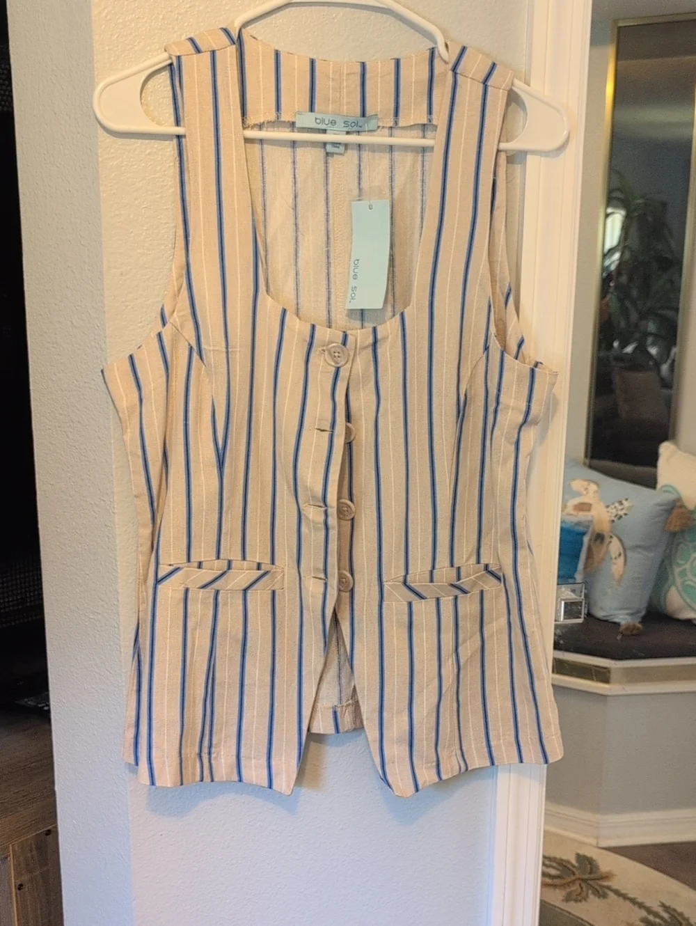 Blue Sol Striped Sleeveless Vest - Beige with Blue Stripes Brand New
